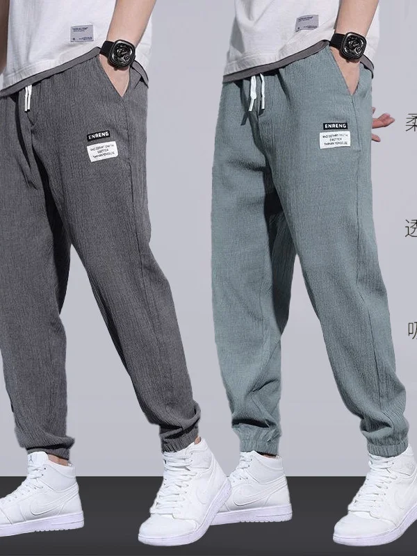Quick Dry Summer Ice Silk Men's Casual Pants Ultra Thin Loose Fit Sports Style Nine Point Harem Pants Polyester Fiber Harlan