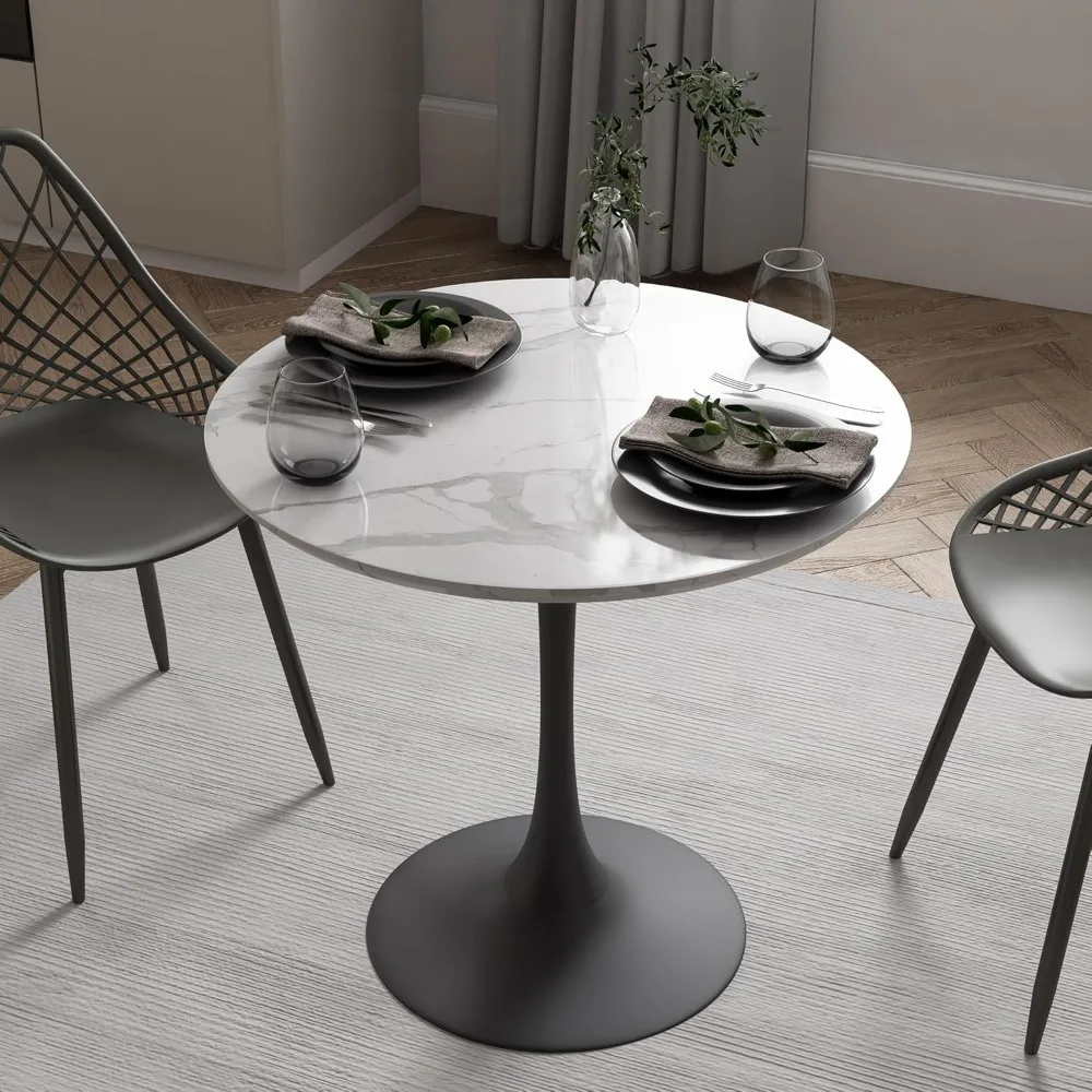 Cafe Kitchen Table, White Faux Marble and Black, Mid-Century Modern Pedestal Table