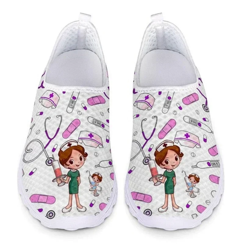 Cute Cartoon Nursing Doctor Surgery Printed Woman Flats Sneakers Mesh Nurse Shoes Women Light Weight Ladies Footwear
