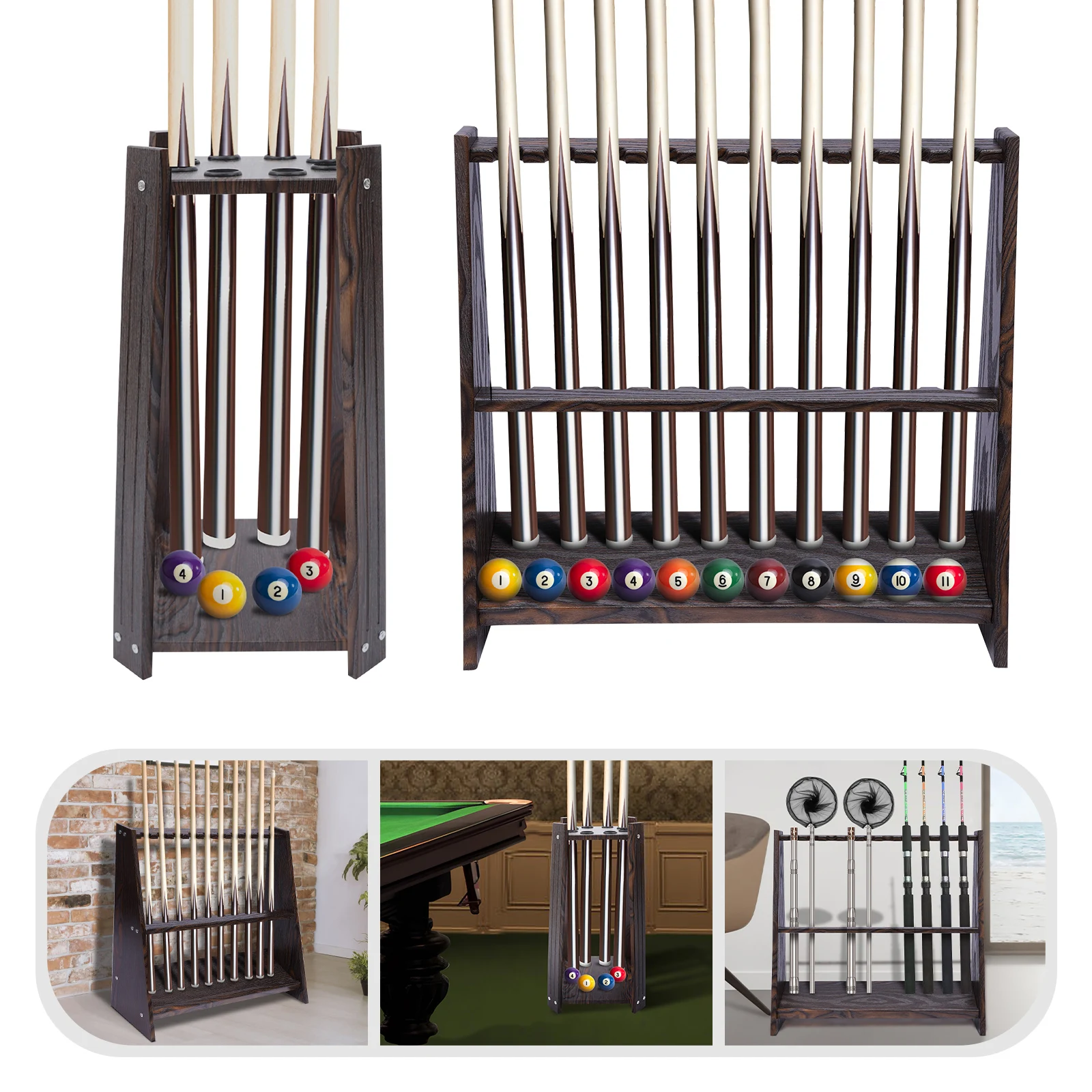 

Pool Stick Holder Floor Stand, 10 Pool Cue Rack for Billiard Room or Club, Made of Wood, Easy to Assemble