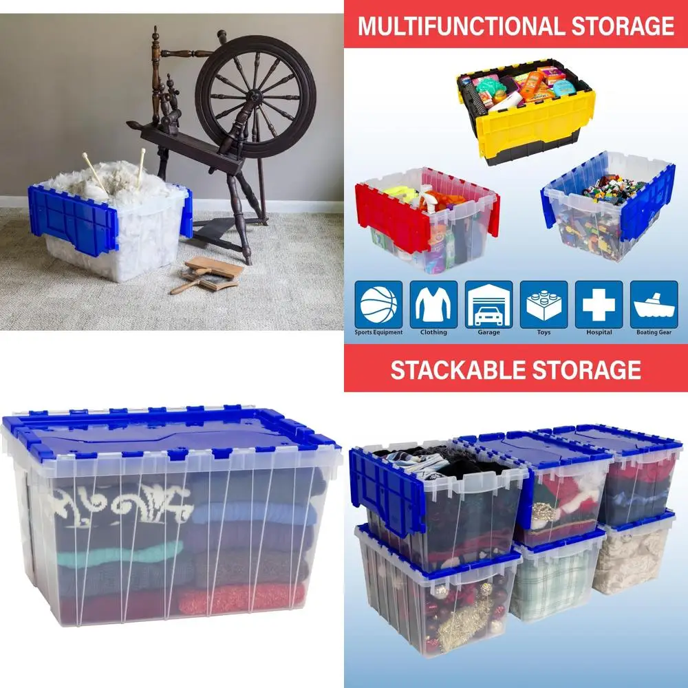 

Пластиковый контейнер для хранения объемом 12 галлонов, штабелируемый, прозрачный, с крышкой, идеально подходит для дома, гаража и переездов, 21,5 x 15 x 12,5 дюймов, с синими акцентами