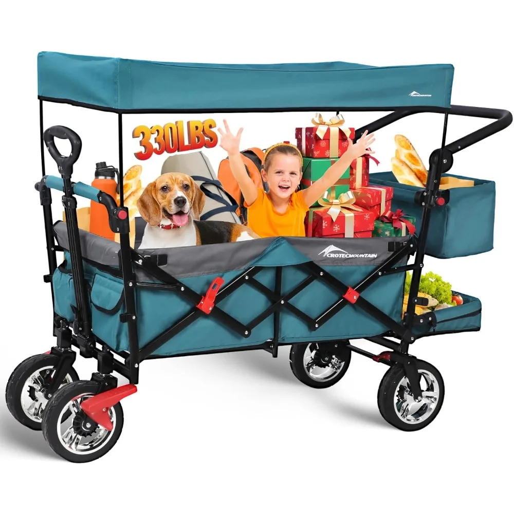 

Collapsible Wagon with Canopy,330lbs Cart, Collapsible Foldable Garden Cart- with Adjustable Push Pulling Handles Outdoor Utilit