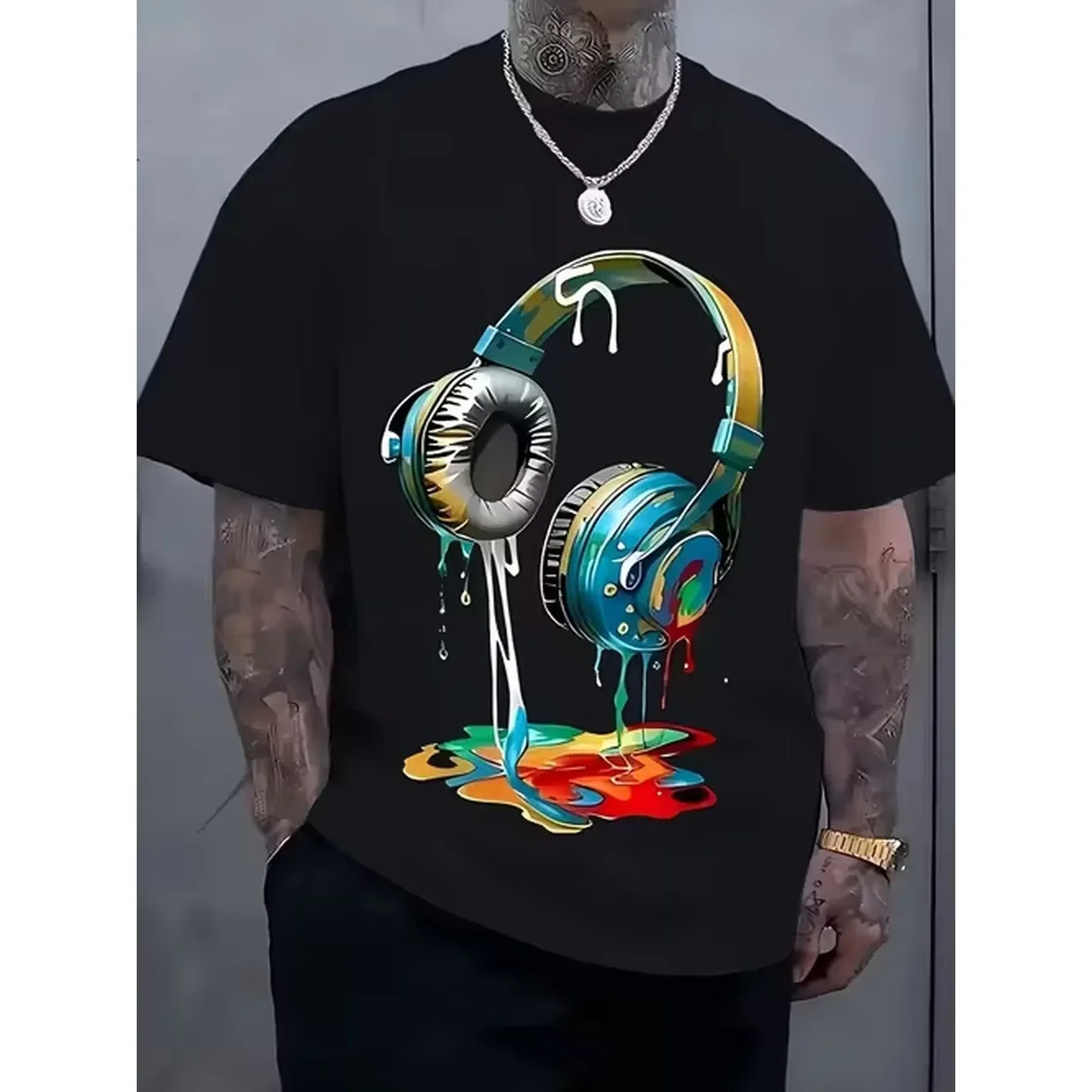 Mens Casual Streetwear T Shirt Featuring A Design Of Headphones And Paint Made From Breathable Polyester Fabric Designed For A Relaxed Summer Fit Machine Washable Everyday Wear
