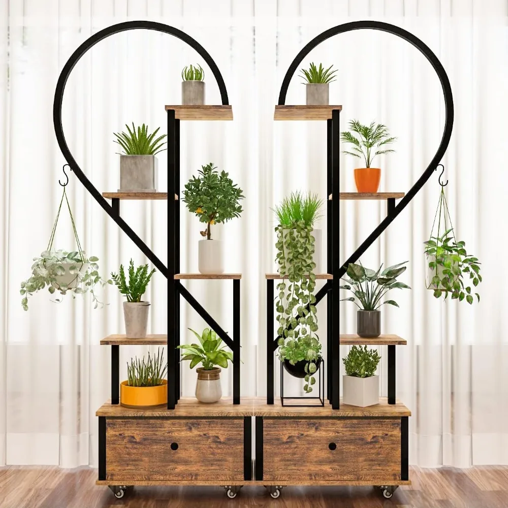 

Plant Stand, Heart-shap Metal Plant Stand W/Wheel Hanging Hook, Farmhouse Wood Plant Shelf Indoor for Living Room Balcony Garden