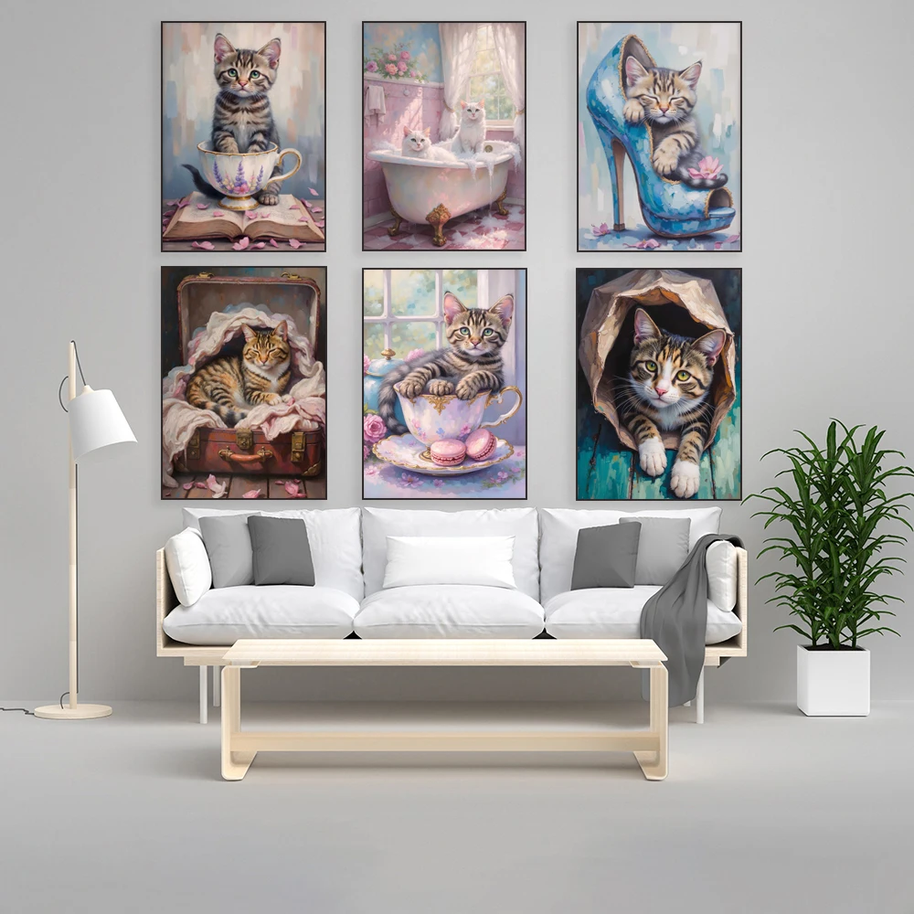 Cat art, cat bubble bath, tabby cat teacup, orange kitten peekaboo painting, royal pet portrait, vintage pastel toned cat poster