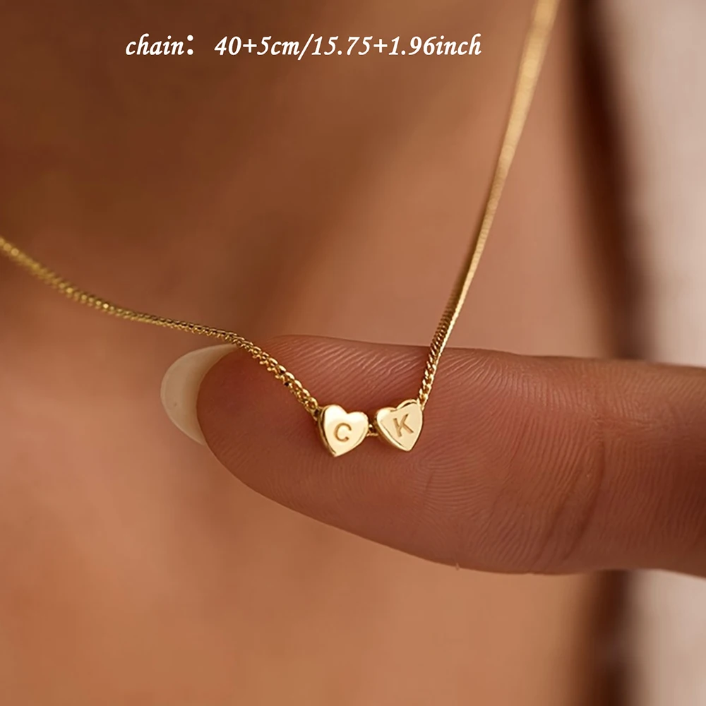 Stainless Steel Custom Two Heart Initial Necklace Personalized Engraved Letter Dainty Choker Jewelry Gift For Women Couple