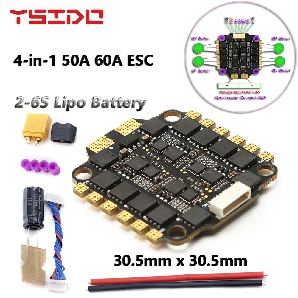 BLHELI_S Brushless 4-in-1 50A 60A ESC Dshot600 2-6S Lipo Battery 30.5X30.5mm for Mark4 7in FPV Freestyle RC Drone Frame DIY Part