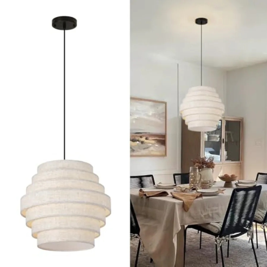 

16 Inch Modern Chandelier with Tiered Linen Drum Shade Hanging Pendant Light Fixture for Dining Room Kitchen Island Farmhouse T