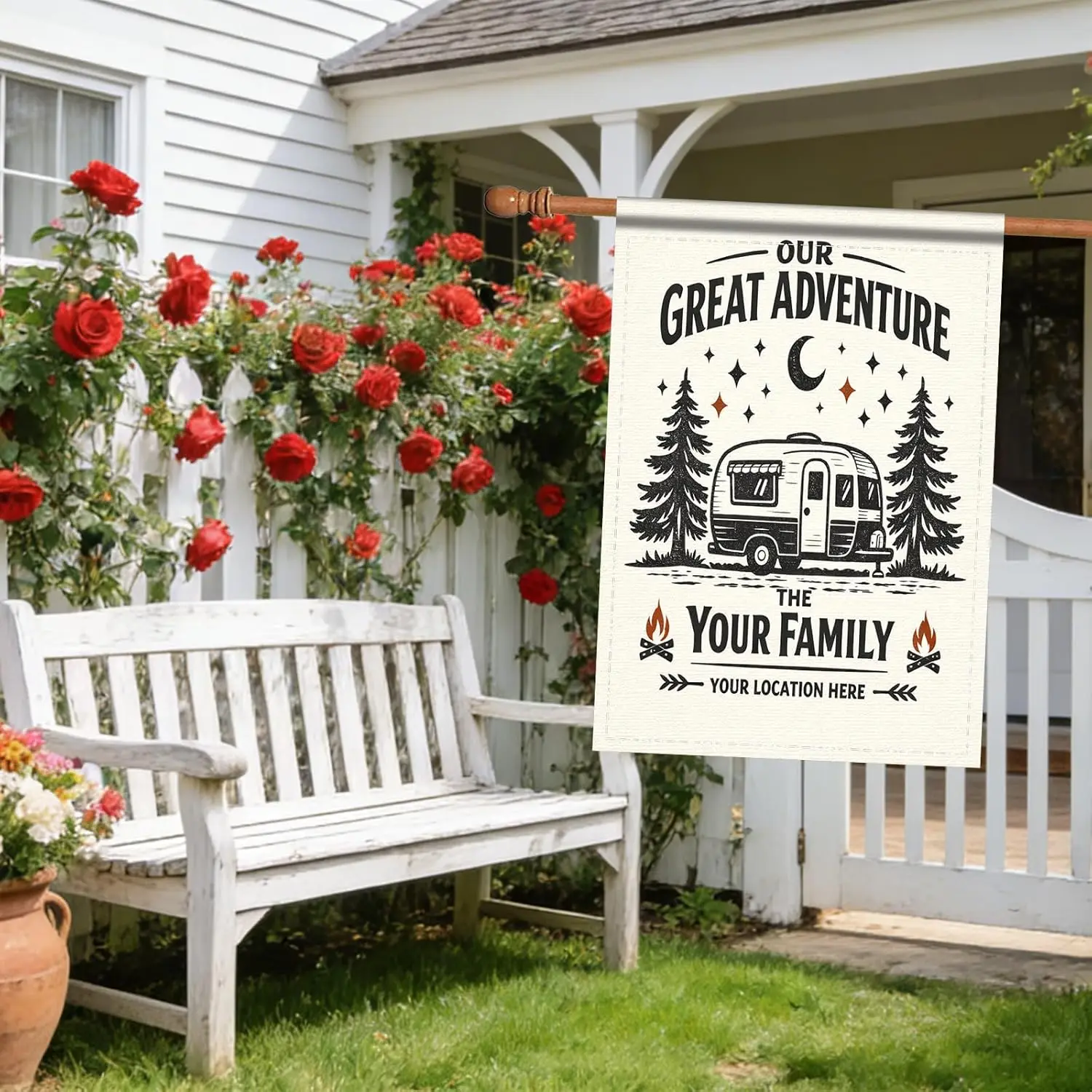 Retro Camper Family Adventure Polyester Garden Flag, 27.56 * 39.37, Rustic Campsite Decor, Camping Flag jjp