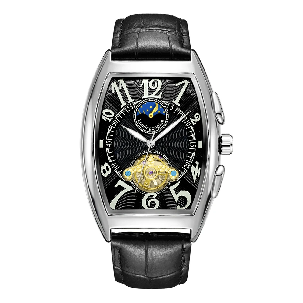 

Мужские часы в форме бочонка с полностью автоматическими механическими полыми солнца и луной, звезды, элитные мужские часы, водонепроницаемые спортивные часы