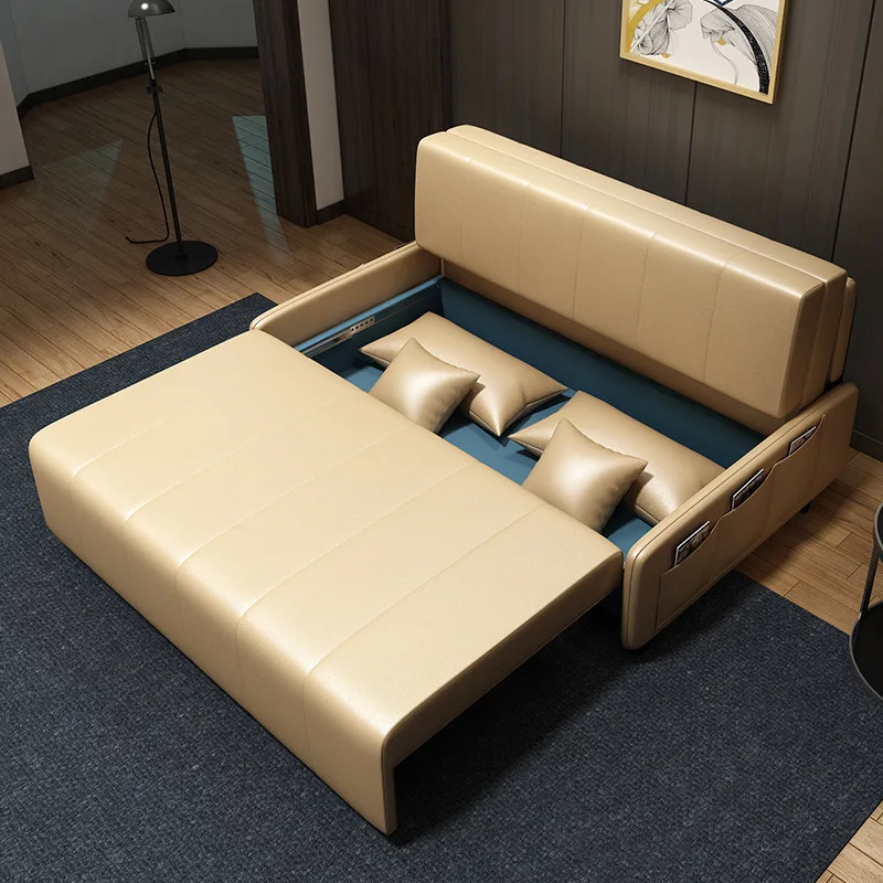 Leather art sofa bed, dual-purpose foldable, small apartment living room, multi-functional storage