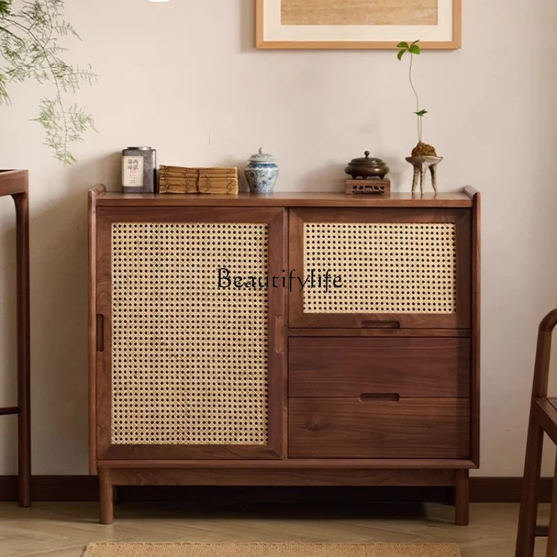 

PJ-*North American black walnut solid wood dining side cabinet modern simple rattan door household storage cabinet