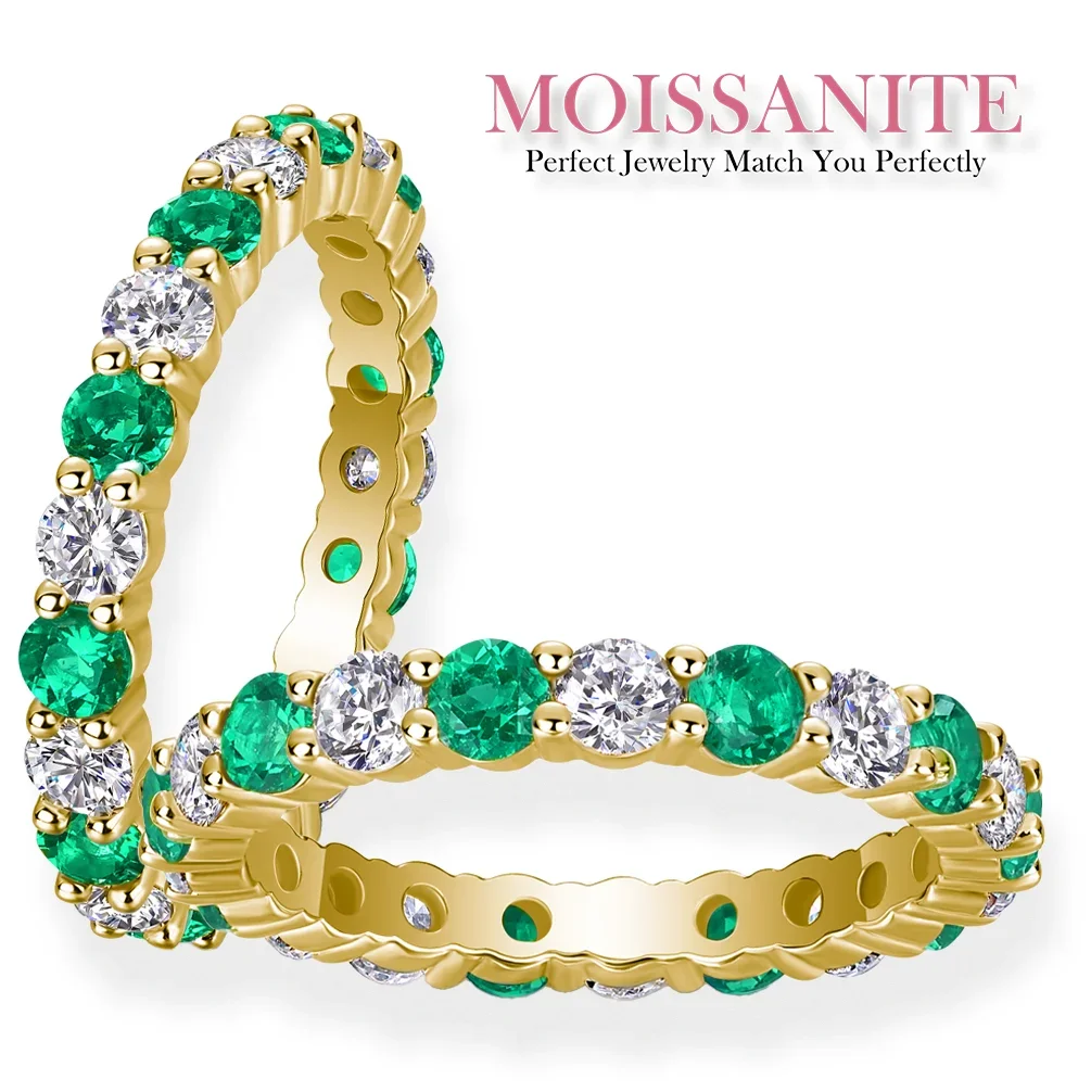 

3mm Elegant Gold Eternity Band with Radiant Moissanite Diamonds and Vibrant Lab-Grown Emeralds – Timeless Luxury Ring