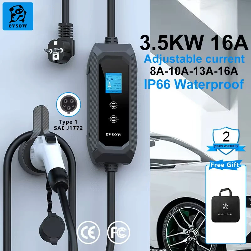 

evsow Portable EV Charger Type1 SAE J1772 3.5KW 16A 1P Electric Car Charger Adjust Current&Set Charging Time For Electric Car