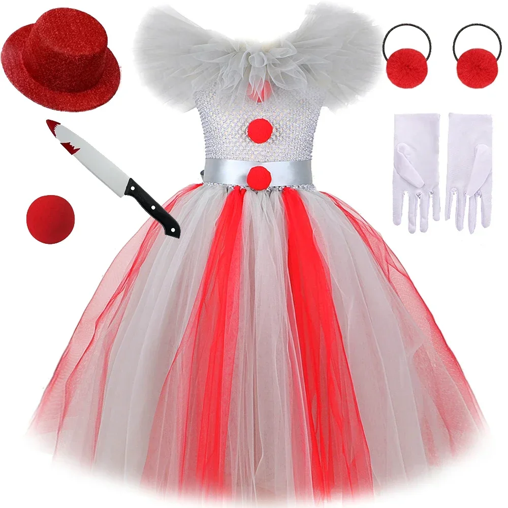 Creepy Killer Clown Long Tutu Dress for Girls Pennywise Joker Halloween Costumes for Kids Carnival Party Fancy Outfit Ball Gown