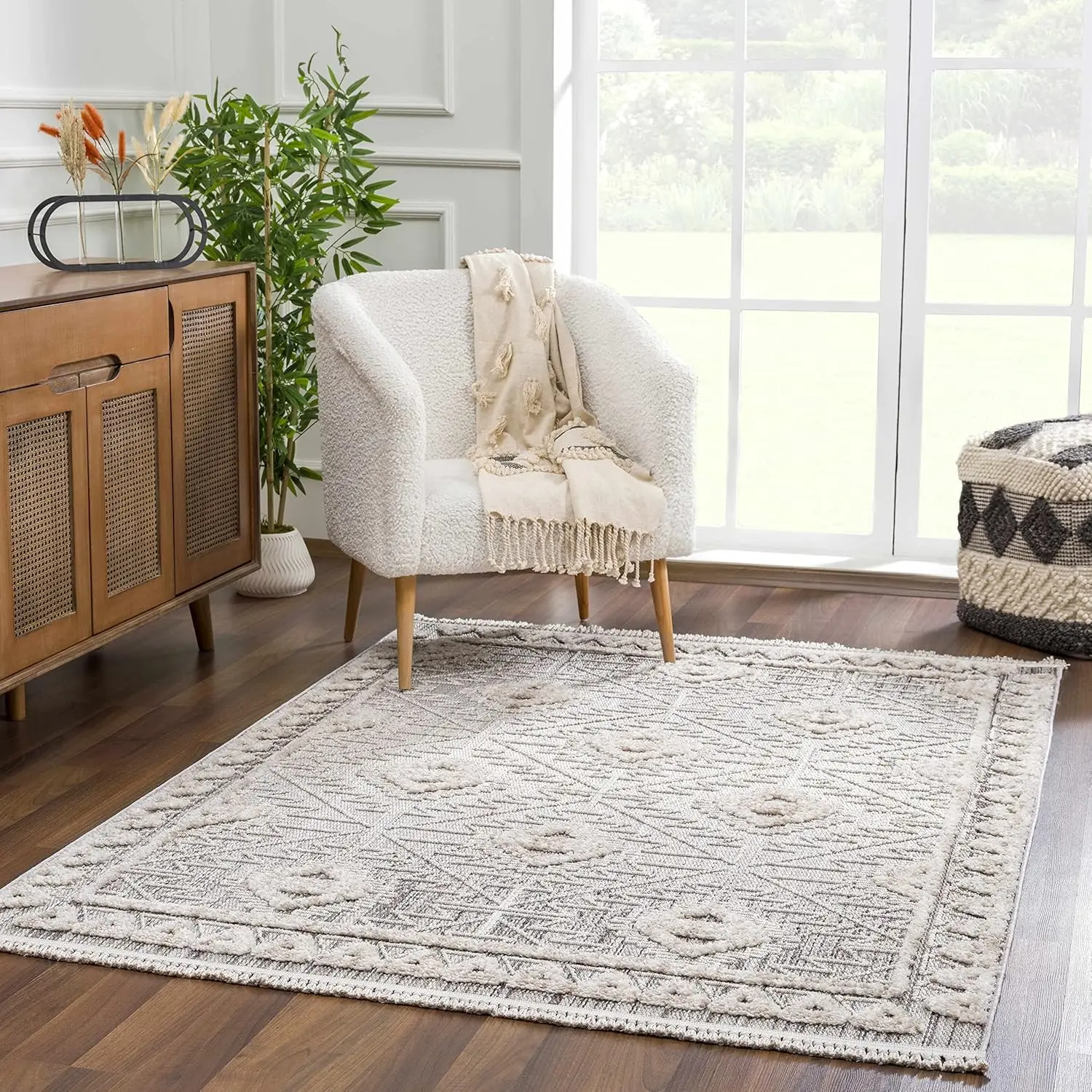 Farmhouse Living Room Bedroom Modern Medallion Area Rug Soft Shaggy High Low Carpet High Pile Bohemian Boho Gray