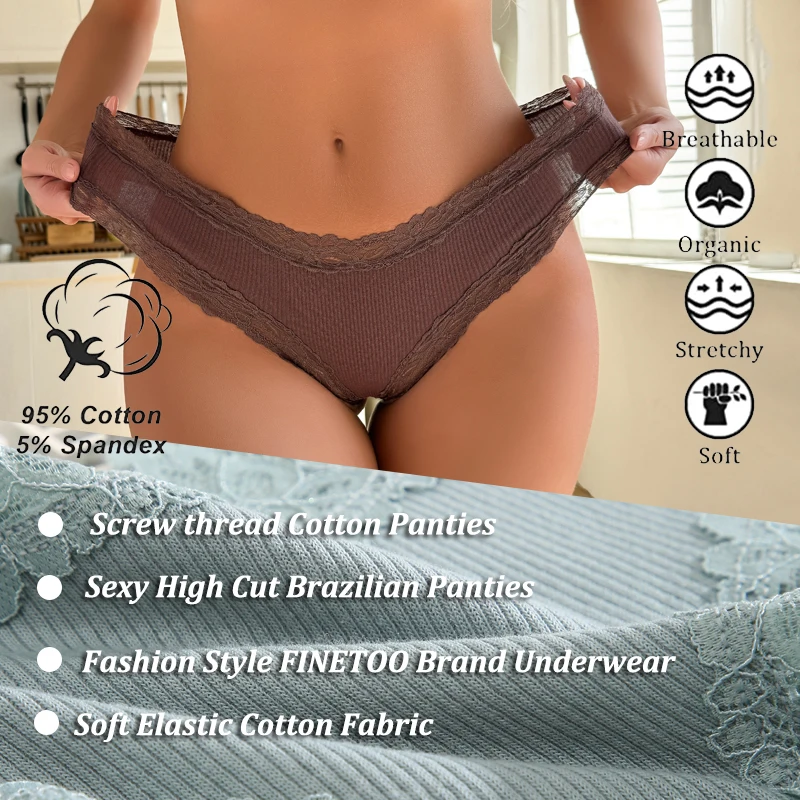 Calcinhas de algodão sem costura para mulheres, calcinha brasileira sexy de renda, baixo crescimento, lingerie macia respirável, cuecas femininas com fio dental, 3 peças por conjunto