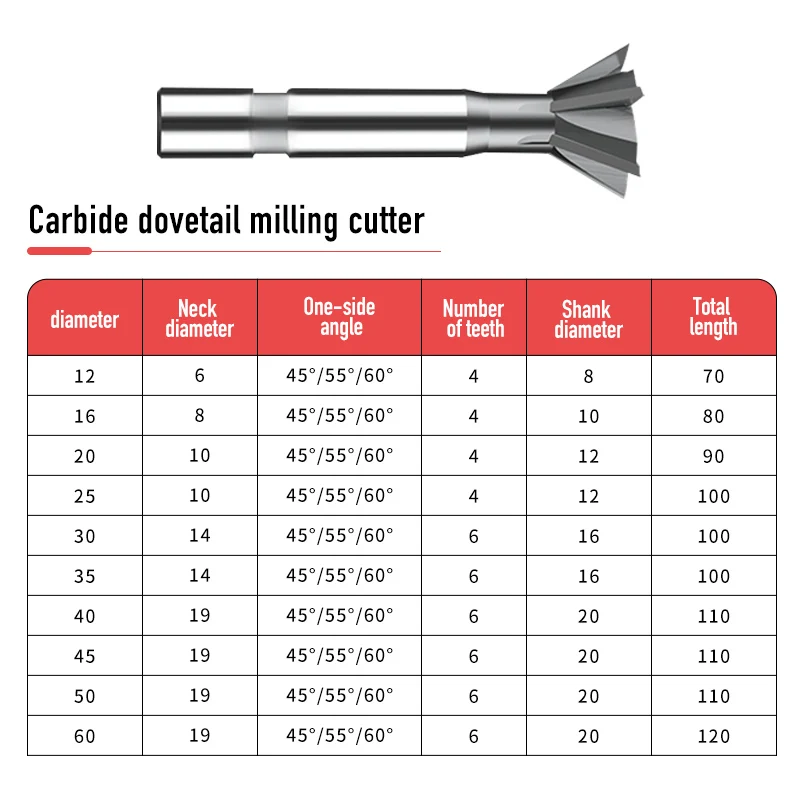 RL Dovetail Milling Cutter 45 Angle 60 Angle 55 Angle T-slot Milling Cutter D12-60MM