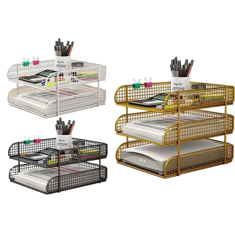 

Modern Multi-layer File Storage Rack Metal Net Shelf Stackable Simple Bookshelf Space Saving Large Capacity Desk Organizer Table