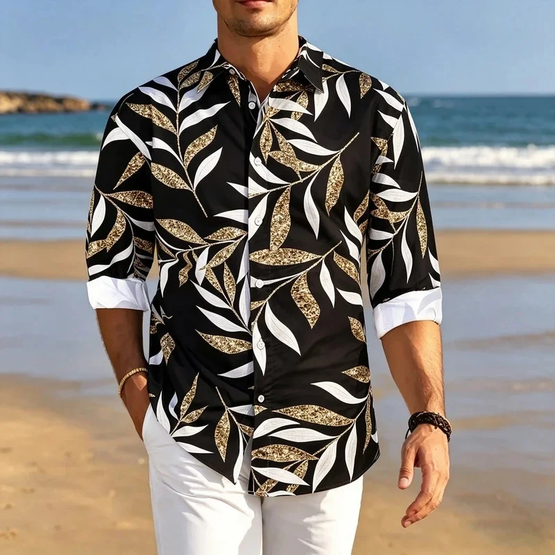 Luxury Black and Gold Willow Leaf Print Men's Long-Sleeved Shirt, Stretch Slim Fit Beach Vacation Collared Casual Shirt