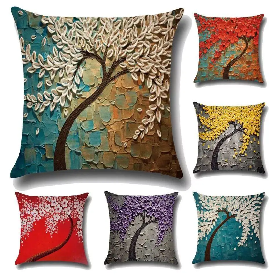 1pcs 45cm Personalized 3D Oil Painting Cushions Cover Colorful Tree Series Pillowcase Home Sofa Decoration Pillow Case