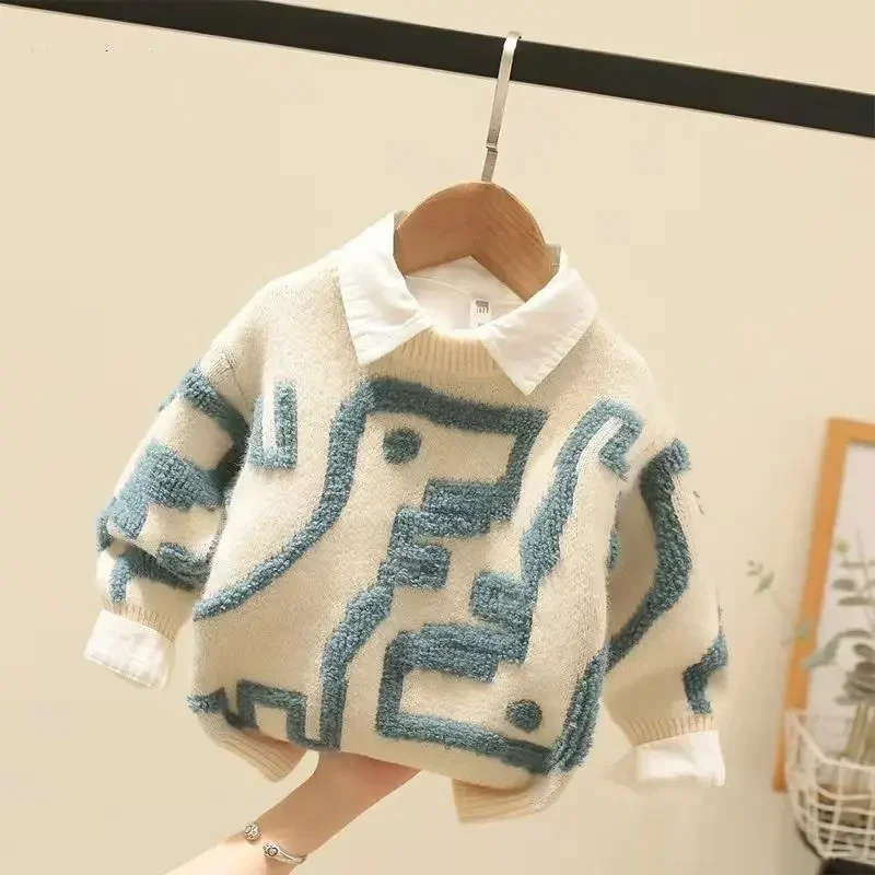 Children's Clothing Boys' Sweater 2022 Autumn and Winter Children's Mink Fur Pullover One-Piece Sweater Fashionable Top image 4