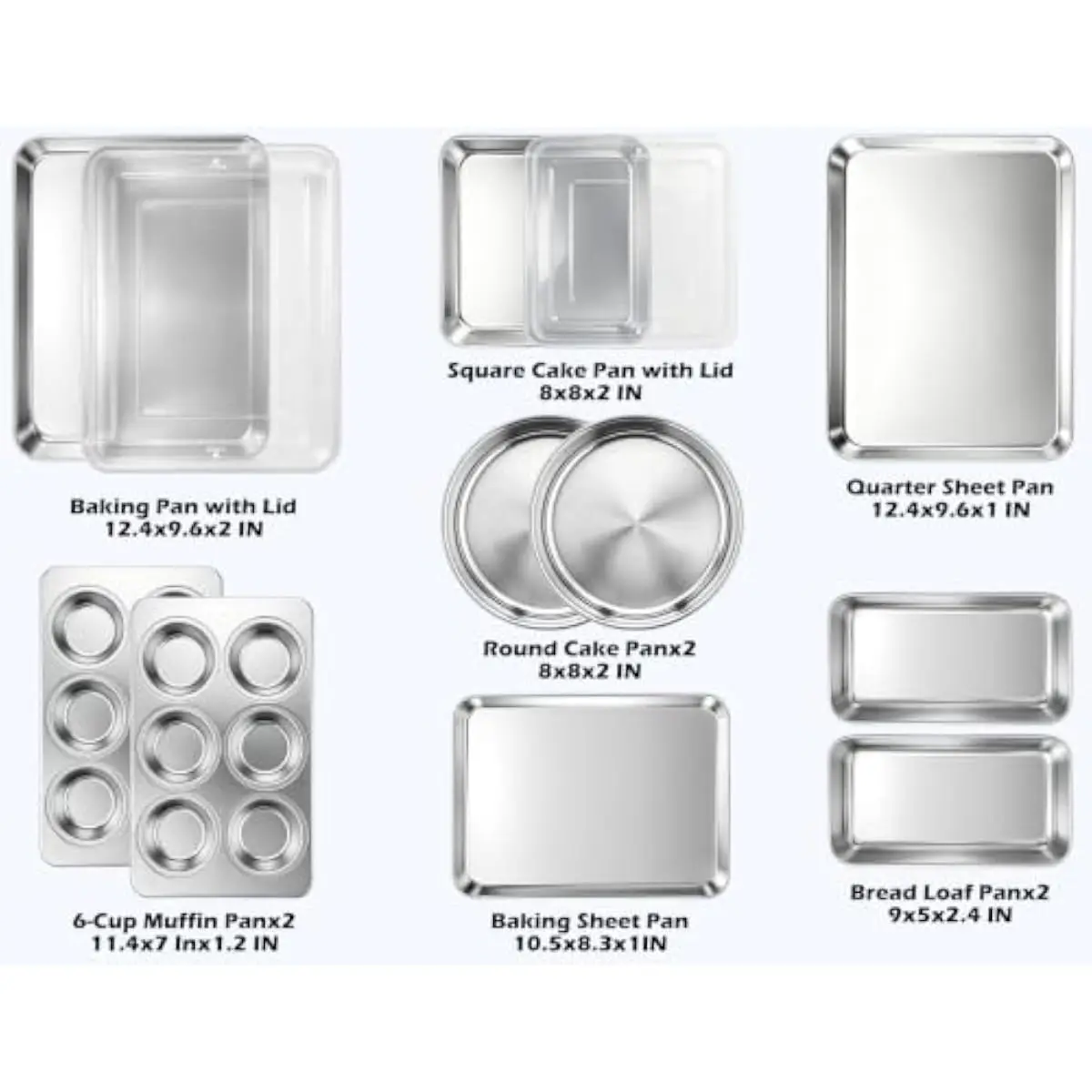 Stainless Steel 10-Piece Oven-Safe Baking Kit Featuring Rectangular & Square Pans with Airtight Lids, Round Cake Molds, Muffin C