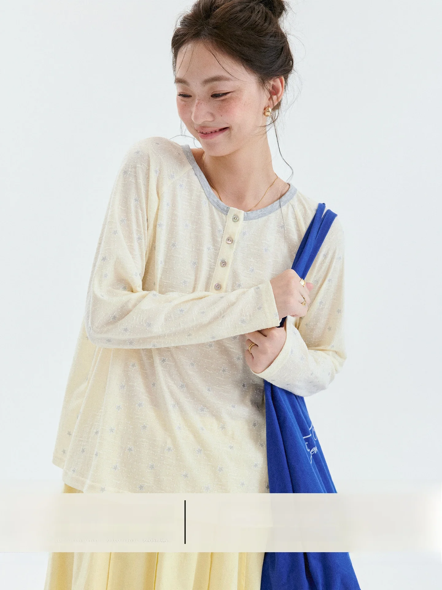 AMUU Original Star Print Shoulder Sleeve T-Shirt Women's Loose Thin Style round Neck Long Sleeve Top for Daily Wear Autumn Ne...