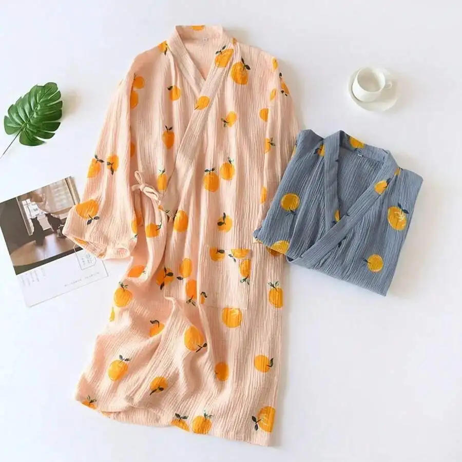 

Women Cotton Crepe Kimono Bathrobe Summer Autumn Loose Sleepwear Home Robe