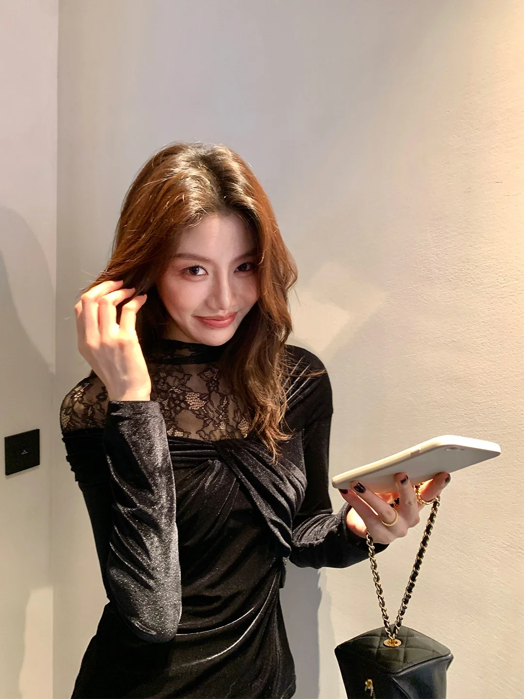 

Long Sleeve Velvet Lace Patchwork Slim Fit See through Shoulder Bared Half High Collar Base Shirt Women's ALONESAVOR D234