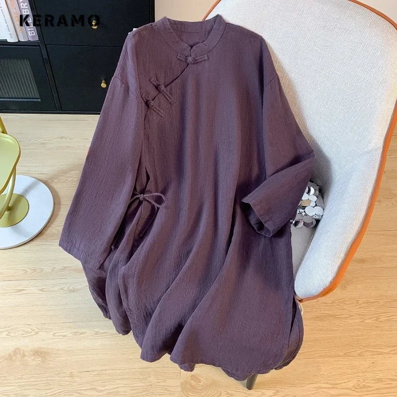 Chinese Style Elegant Stand Collar Purple Lace-up Blouses 2024 Autumn Women Vintage Solid Color Long Sleeve Chiffon Thin Shirts