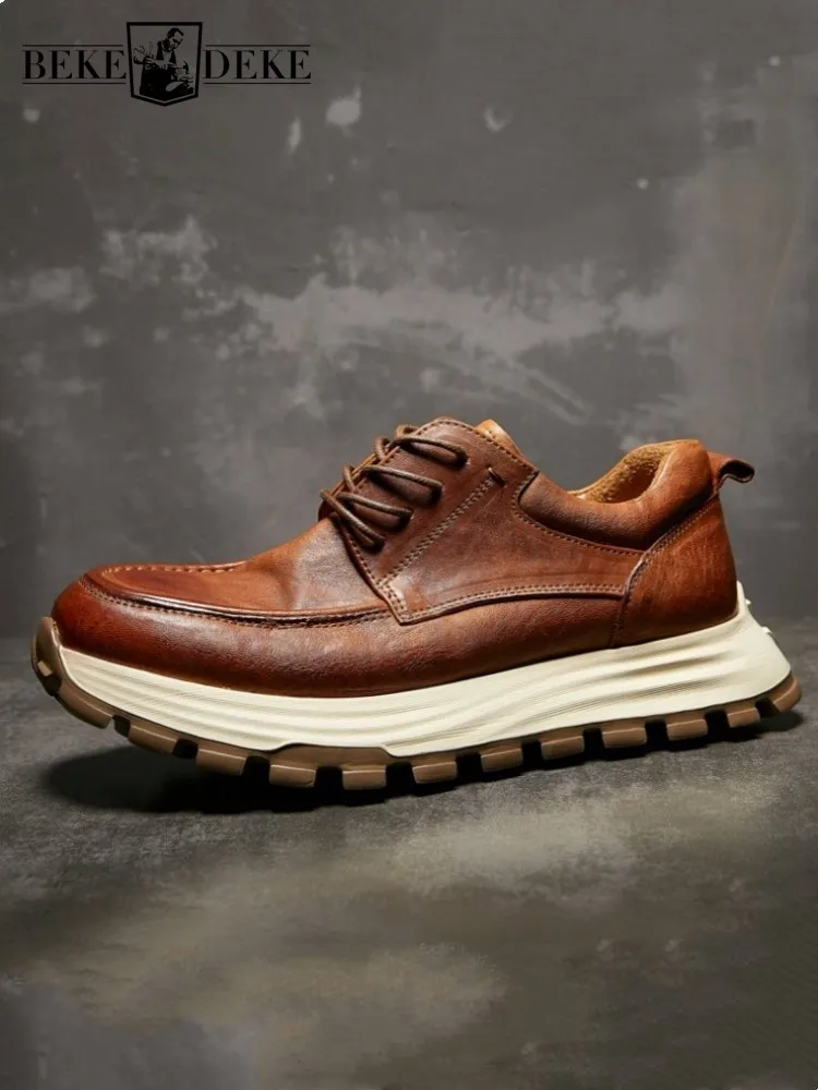

Breathable Genuine Leather Casual Shoes Male Lace Up Round Toe Vintage Horsehide Cargo Shoes High Street Mens Platform Sneakers
