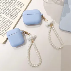 Super Cute Blue Silicone Earphone Case For apple AirPods 1/2/3 Case Cover For AirPods Pro2 Headset Box with Pearl Cloud Keychain