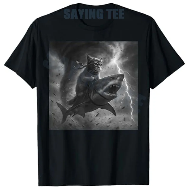

Funny Cat Riding A Shark in Tornado Meme T-Shirt Cute Y2k Kitty Lover Graphic Outfit Novelty Streetwear Clothes Boys Fashion Tee