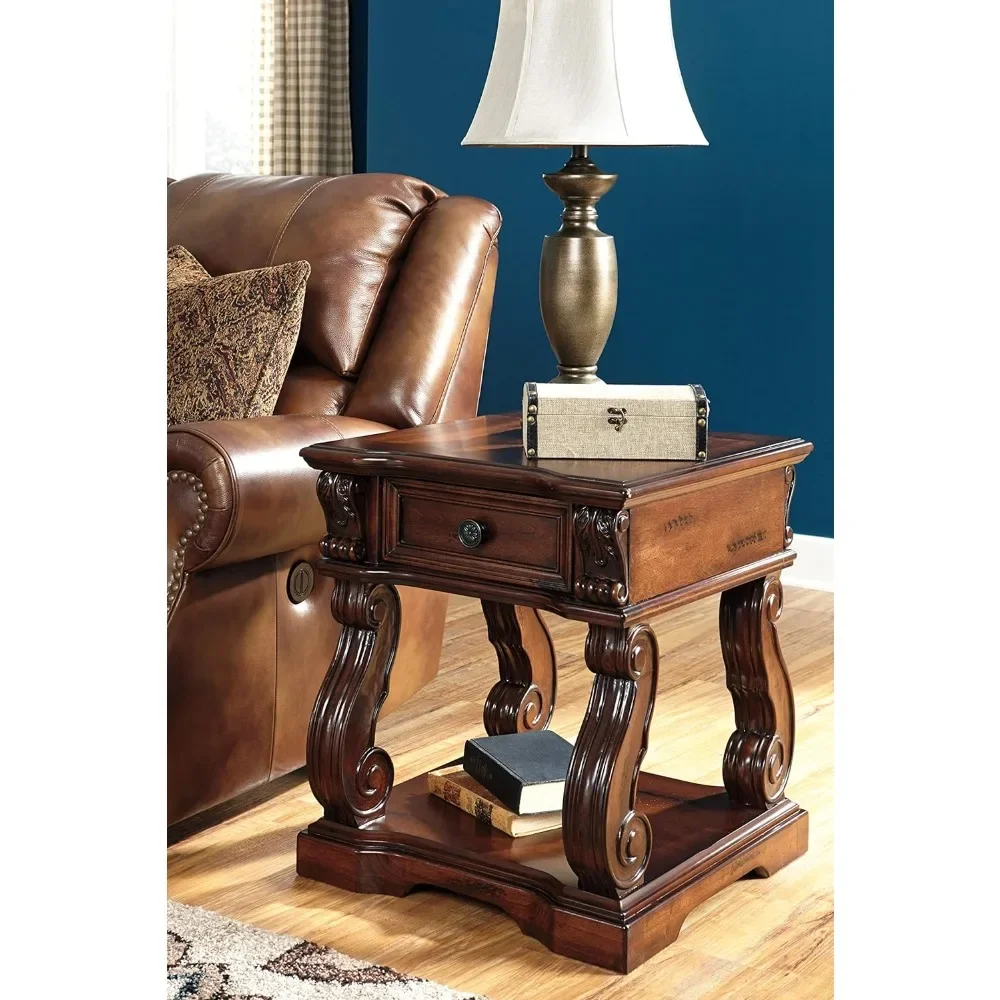 Traditional Square End Table, Hand-Finished with 1 Storage Drawer, Dark Brown, End Table Crafted from Wood, and Cast Resin