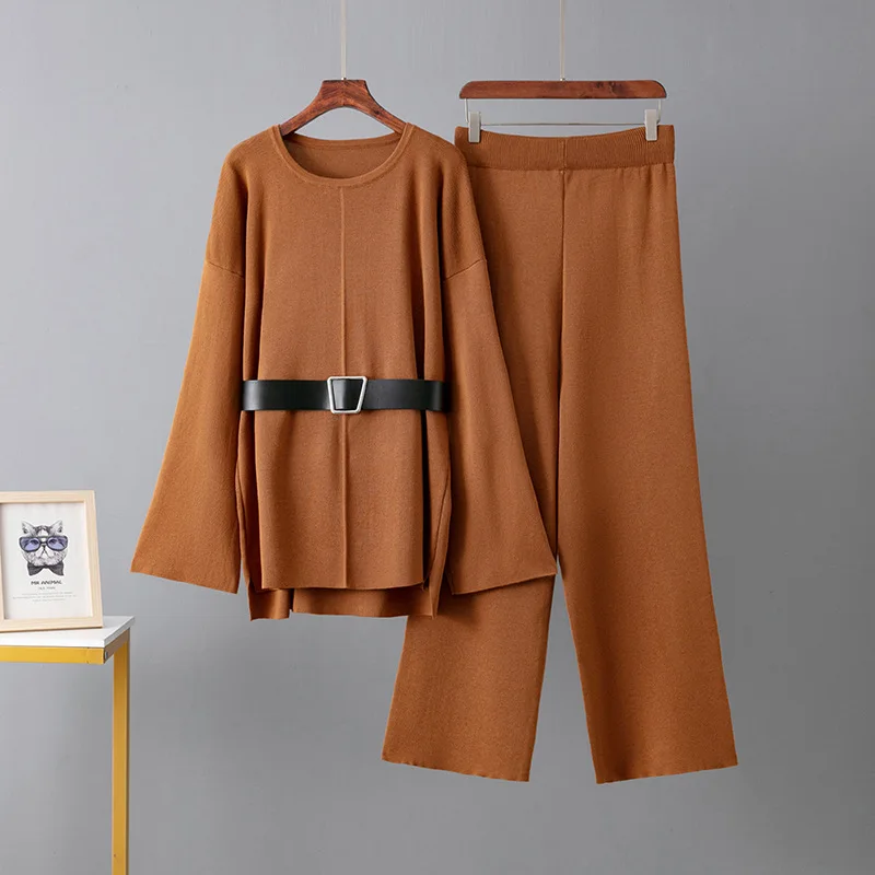 

ALPHALMODA 2025, Off-shoulder Sleeve, Irregular Length, Belted Loose Sweater Top + Straight Knit Trousers, Women 2pcs Casual Set