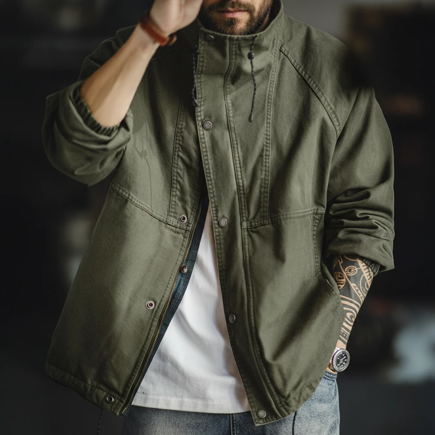 Maden Men's Vintage M-65 Field Jacket Green Cotton Zipper Army Coat Stand Collar Drawstring Windbreaker for Spring and Fall