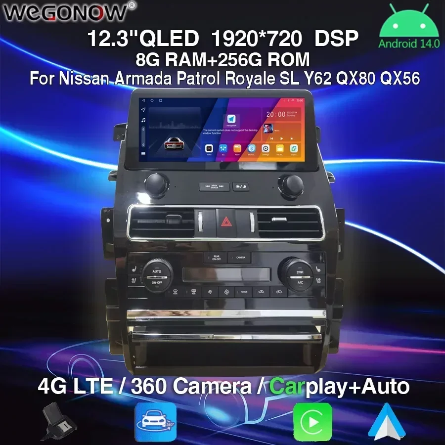 

QLED Carplay Android 14.0 8GB+256GB Car Player Radio GPS WIFI 4G LTE Bluetooth For Nissan Armada Patrol Royale SL Y62 QX80 QX56