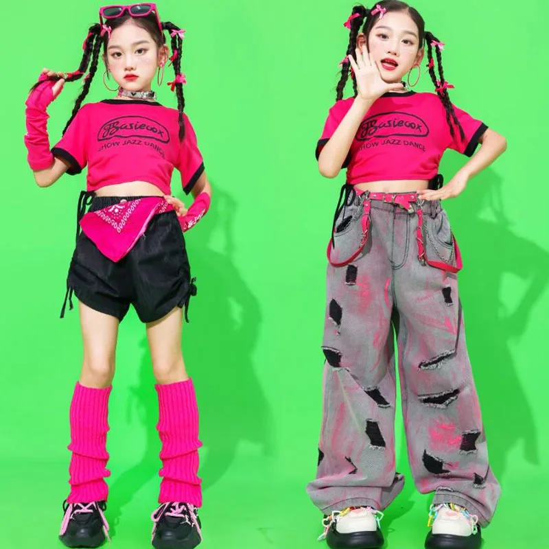 Conjunto de ropa de animadora para niñas, Top corto de Hip Hop, DenimPants, pantalones cortos de baile callejero, ropa de calle para niños, disfraces dulces de Jazz, Verano