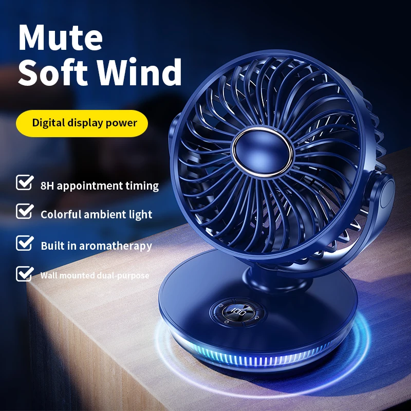 

2024 New Protable Mini Fan Rechargeable LED Digital Screen Fan Wall Mounted Fan with 8H Timing 180° Adjustable 7 Colorful Lights