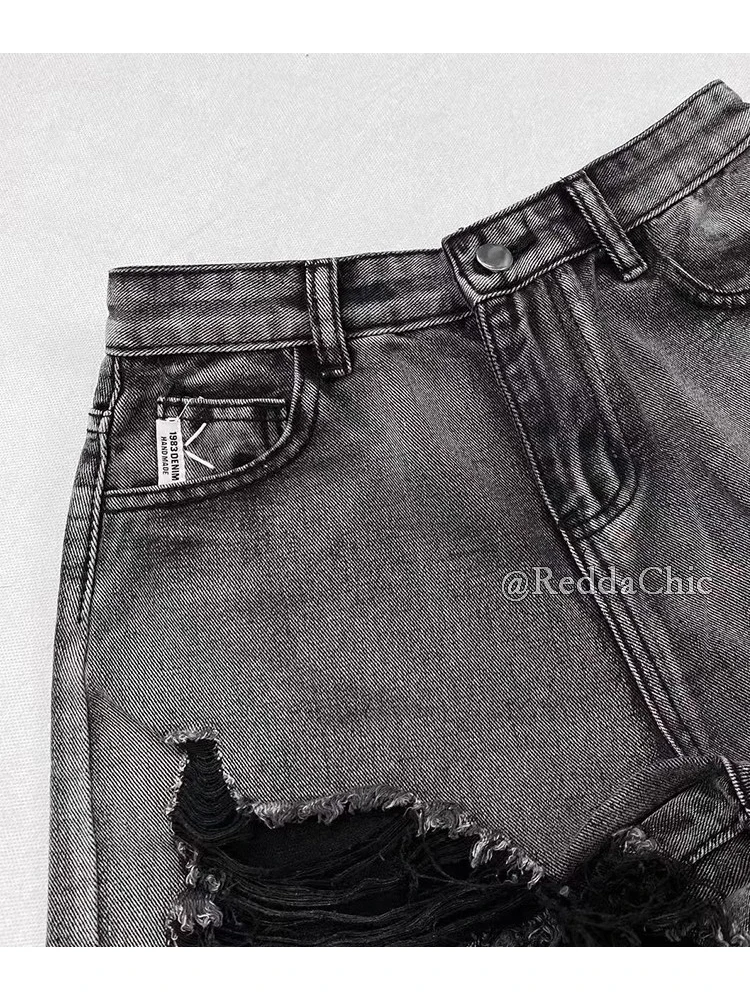 REDDACHiC 2000년대 디스트레스드 여성 데님 반바지 Destroyed Black Frayed 하이 웨이스트 짧은 바지 트렌디 여름 펑크 그런지 streetwear