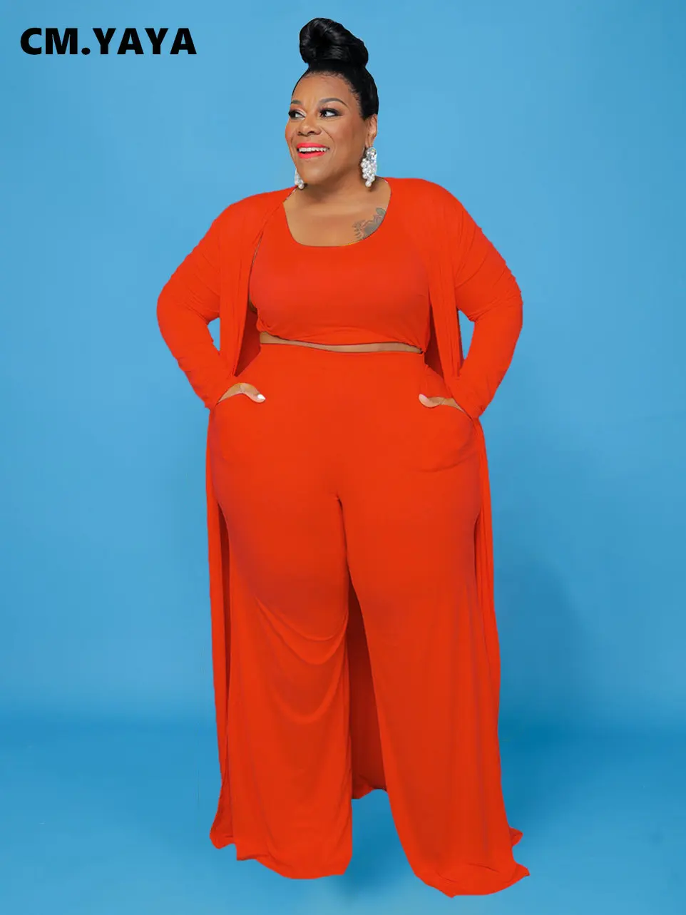 CM.YAYA Plus Size Women Straight Pants Suit + Long Open Stitch Clock + Tank Matching 3-piece Set Outftis Street Curve Tracksuit