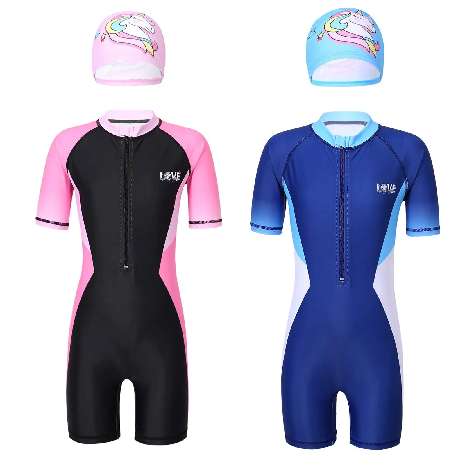 Kids Girls Swimwear Set One-piece Short Sleeves Colorblock Swimming Jumpsuit Swimwear with Hat Girls Cute Swimming Rash Guard