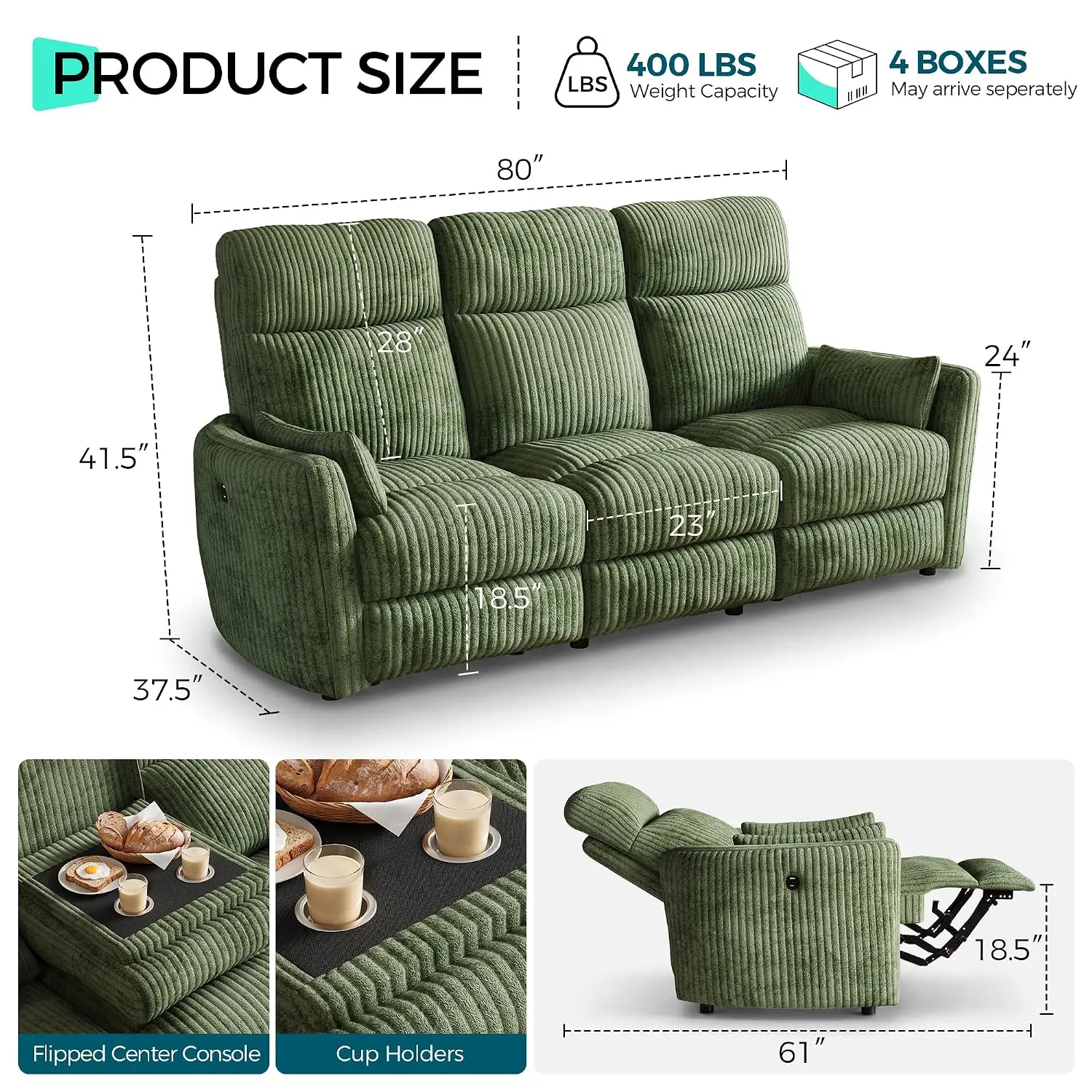 Modular 3-Seater Recliner Sofa with Flippable Console, Dual Manual Reclining Couch with USB Ports & Cup Holders,, Customized