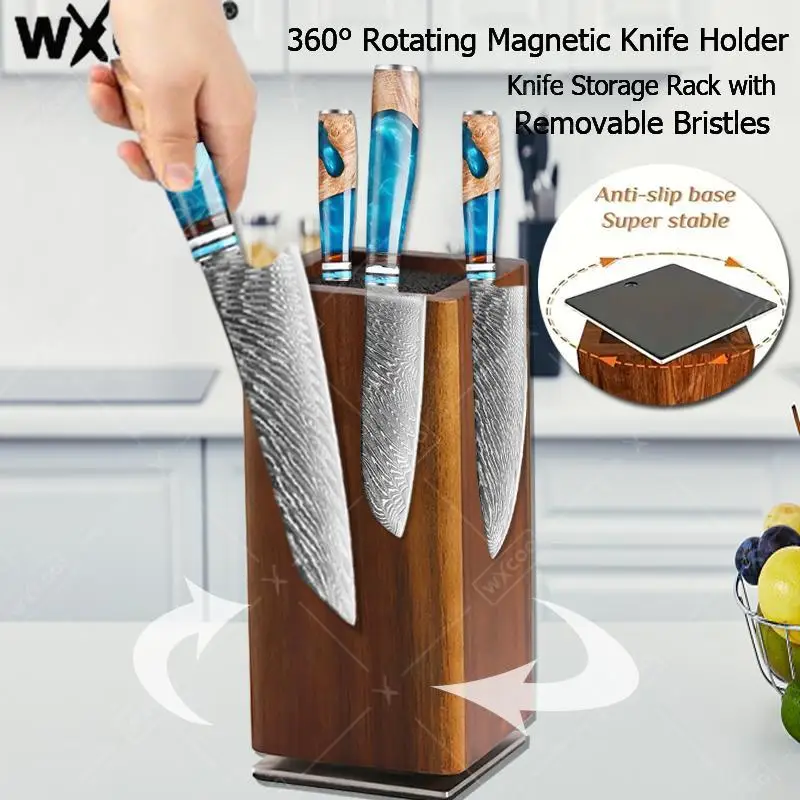 

Magnetic Knife Holder Space-Saving for Kitchen Counter 360° Rotating Magnetic Knife Block Rack Acacia Wood Knife Holder Stand