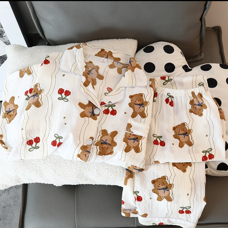 Piżama damska Cartoon Cherry Bear Kawaii Harajuku Cute Y2K Piżama dla kobiet z długim rękawem i elastycznymi spodniami w talii Bielizna nocna