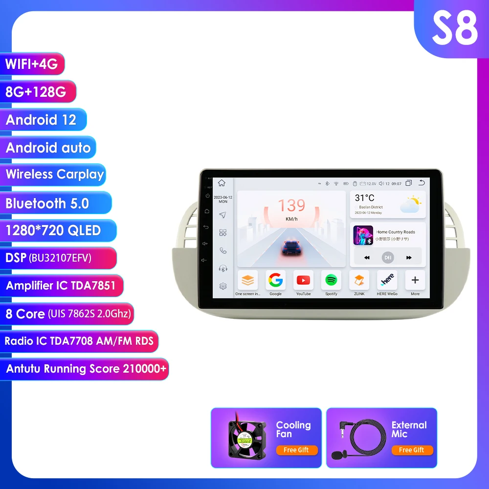 9 "Hizpo 2din Android Auto Radio Voor Fiat 500 2007 - 2014 Draadloze Carplay Scherm Gps Navigatie 4G Bt Swc Rds Dsp Ui7862