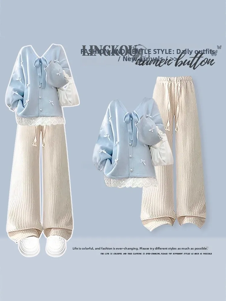 

Soft Style Knitted Two-Piece Set for Women Casual High Waist Wide Leg Pants V-Neck Long Sleeve Knot High Waist