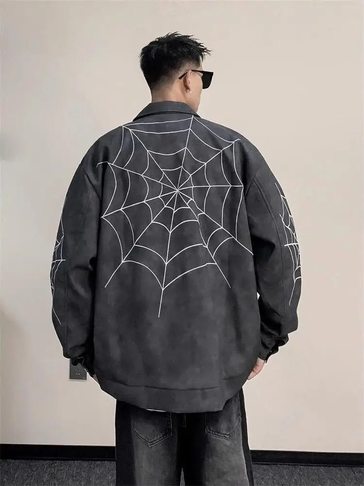

Sli Men's Leather Jaet with Spider Web Embroidery And Flip Collar Vibe High Street Biker Jaet Trendy And Haome