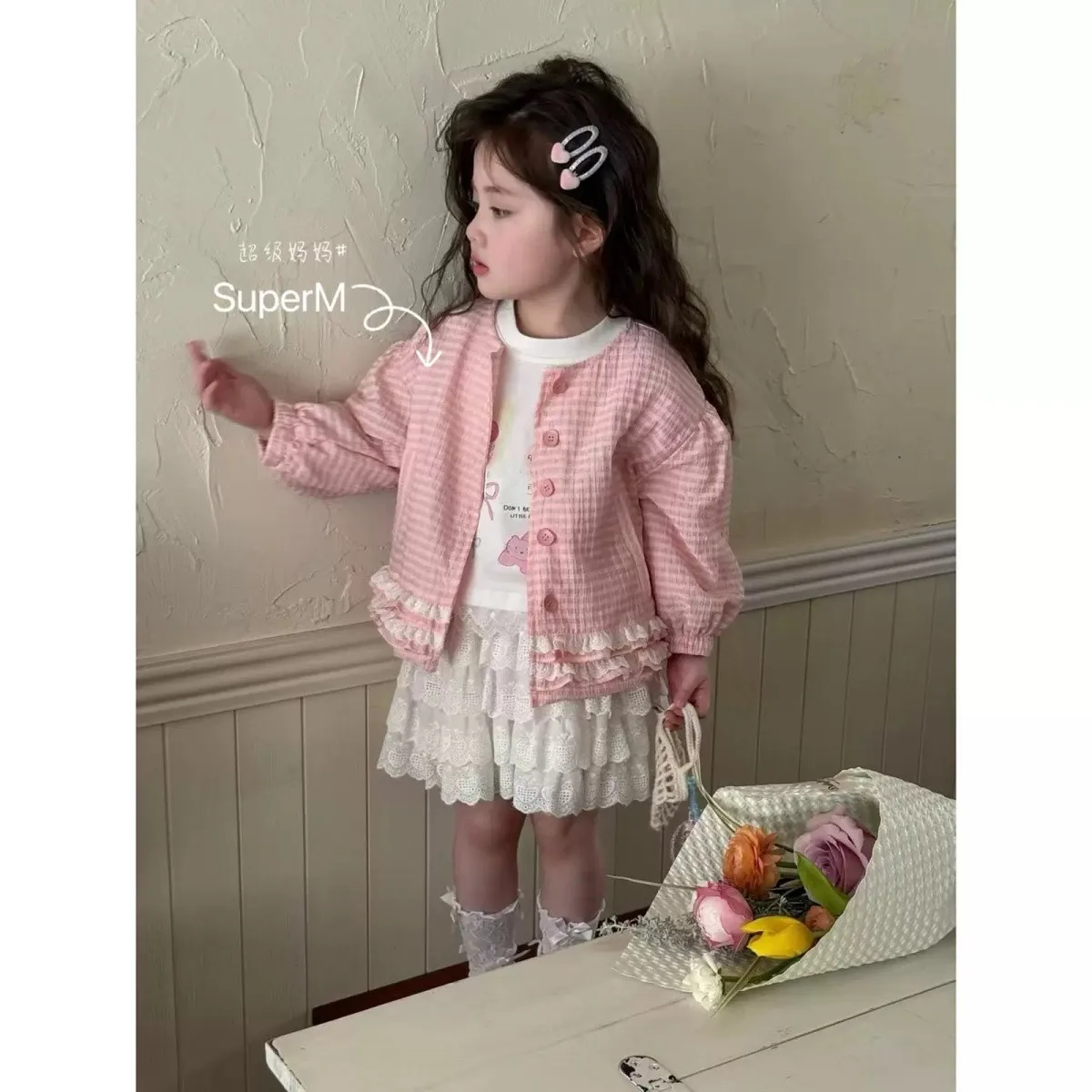 

Girls' Jacket 2025 Spring New Korean Style Sweet Lace Edge Cardigan Coat Checkered Thin Long Sleeve Top